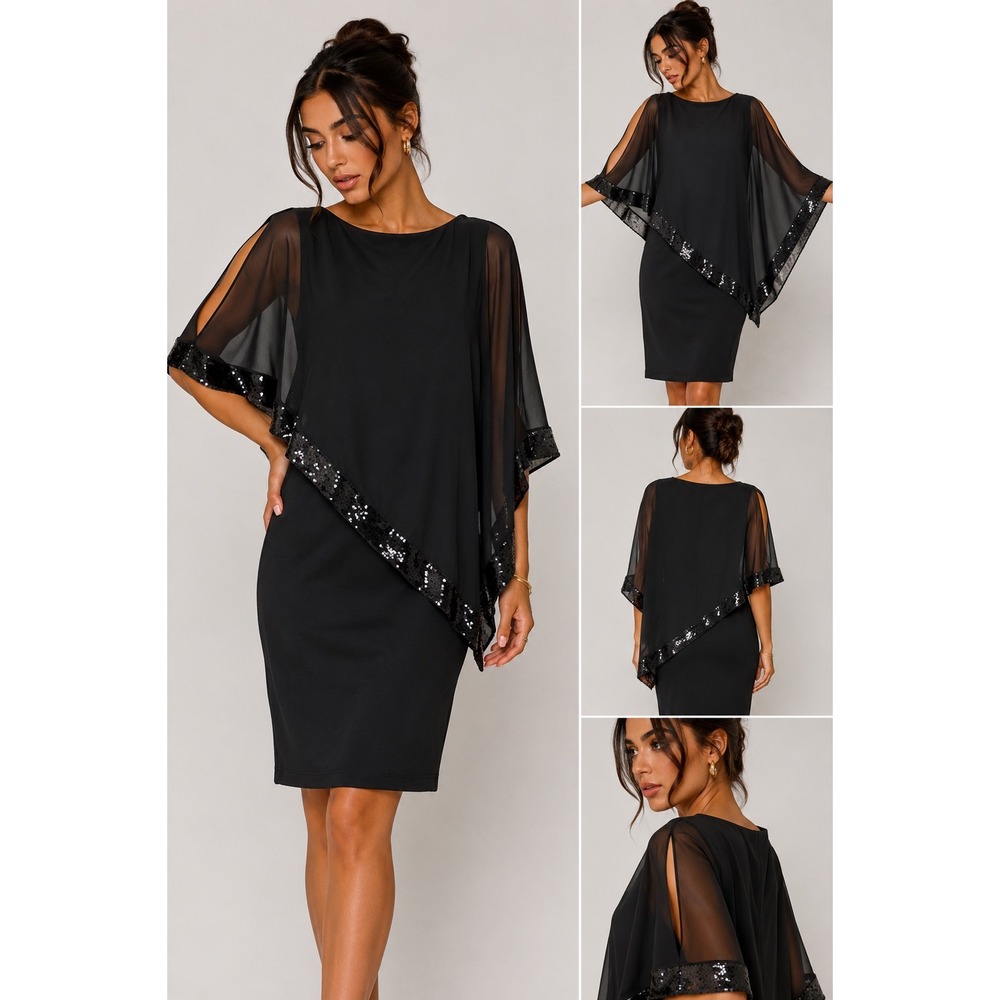 Scarlett‎ Women's Cape Sequence Shift Dress Black 10 Cocktail Wedding Party